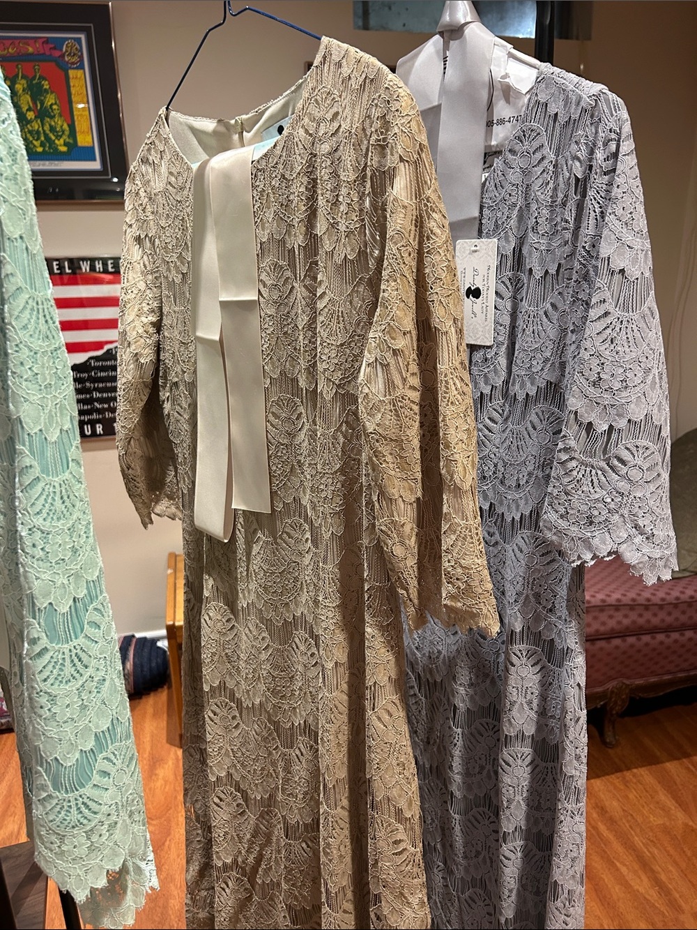 Dainty Jewells Beige Lace Midi Dress with Ivory Bow